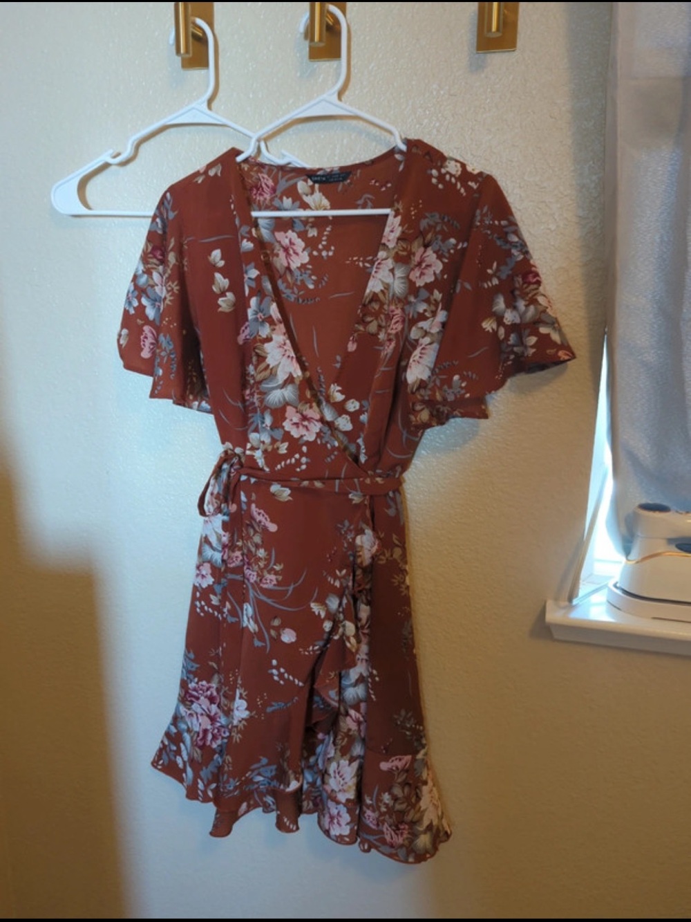 SHEIN Rust Floral Wrap Dress with Flutter Sleeves